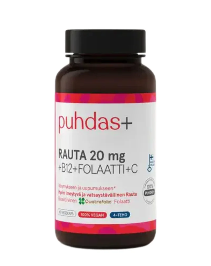 Puhdas+ Rauta 20 mg + B12 + Folaatti + C, 60 kaps.